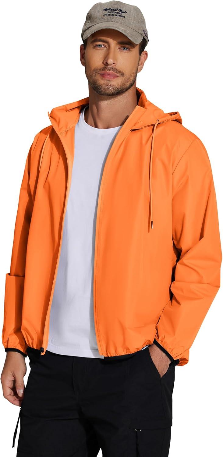 imageCOOFANDY Mens Light Rain Jacket with Hood Packable Waterproof Raincoat Golf Rain Gear Travel Hiking WindbreakerOrange