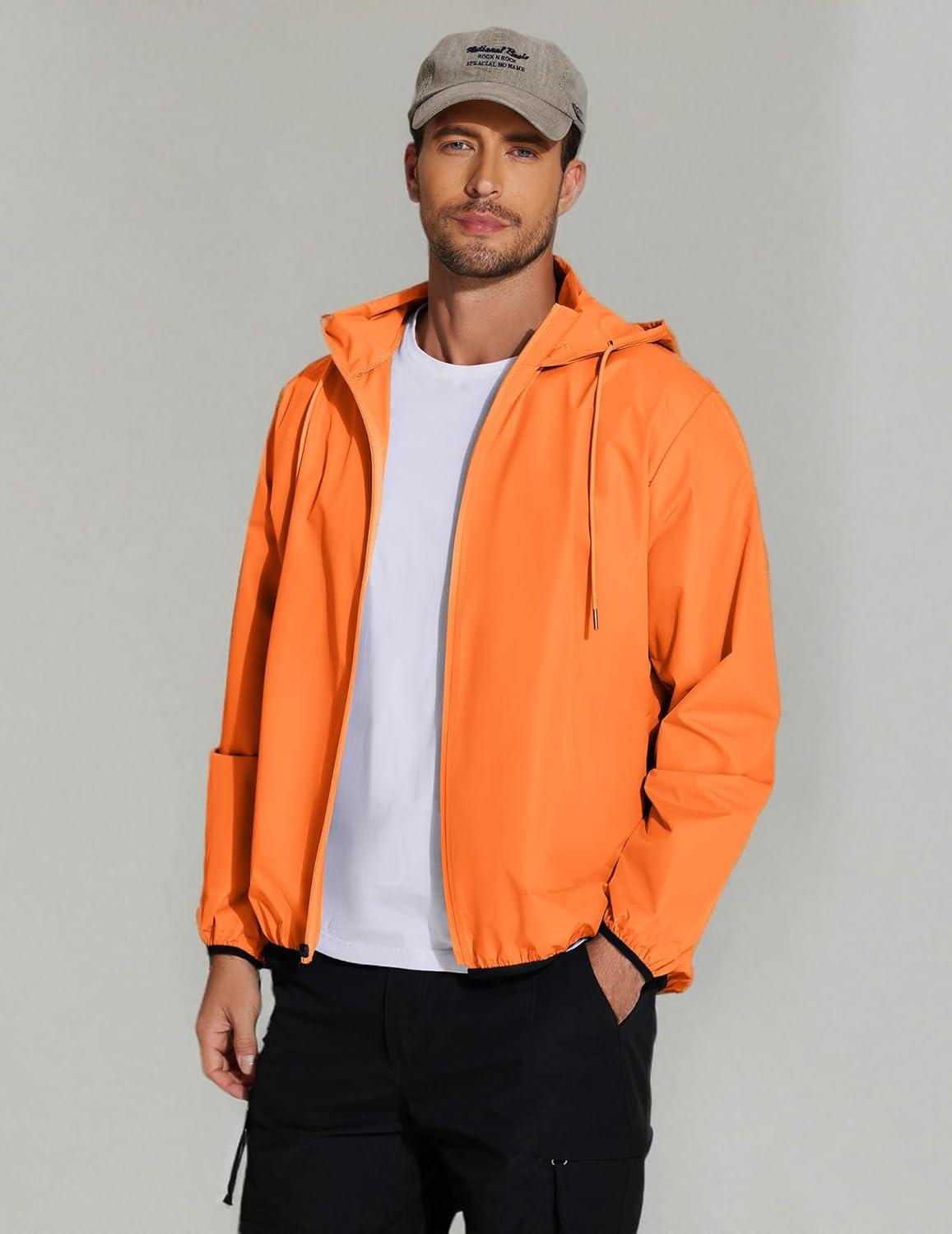 imageCOOFANDY Mens Light Rain Jacket with Hood Packable Waterproof Raincoat Golf Rain Gear Travel Hiking WindbreakerOrange