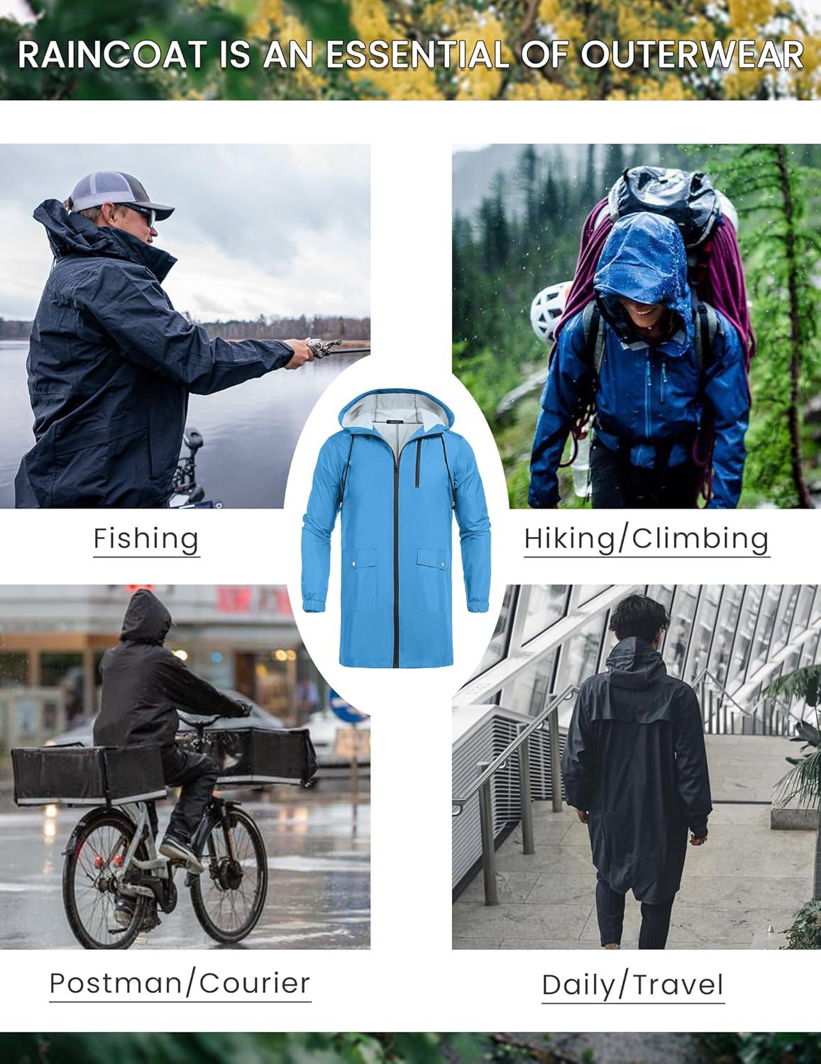 imageCOOFANDY Mens Long Raincoat Ligtweight Rain Jacket Waterproof Outdoor Jackets with HoodBlue