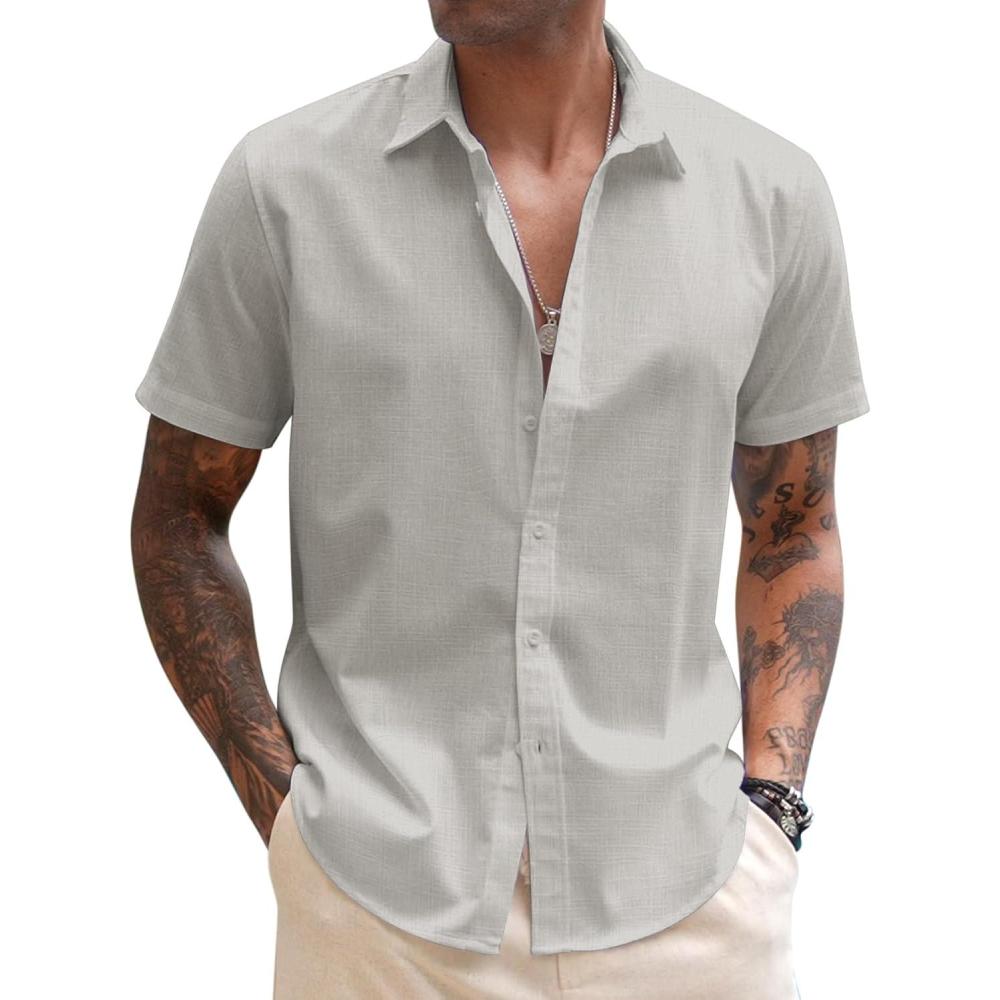 imageCOOFANDY Mens Cotton Button Down Short Sleeve Shirt Casual Summer Linen Beach ShirtsLight Grey