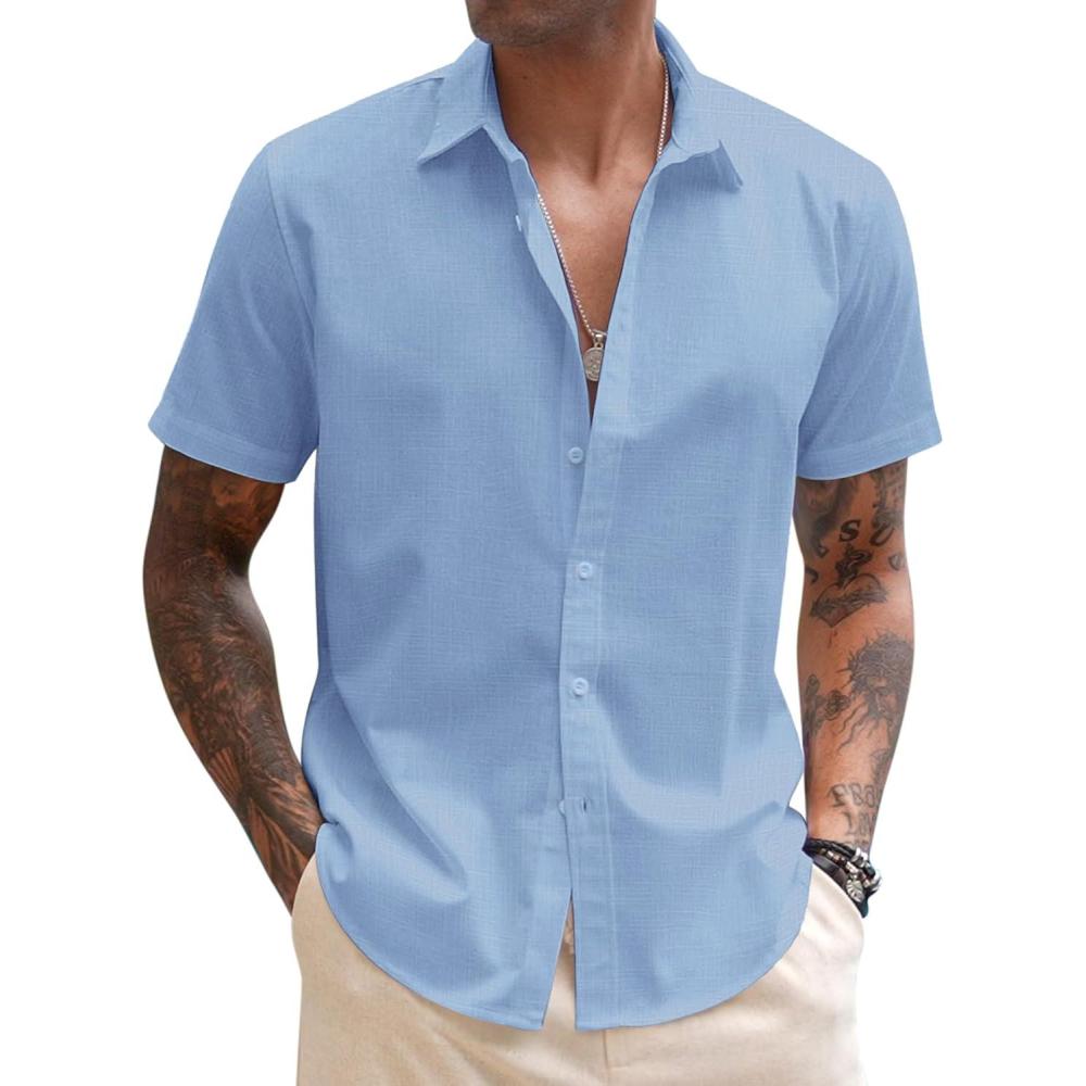 imageCOOFANDY Mens Cotton Button Down Short Sleeve Shirt Casual Summer Linen Beach ShirtsSky Blue