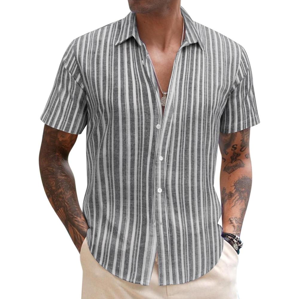 imageCOOFANDY Mens Cotton Button Down Short Sleeve Shirt Casual Summer Linen Beach ShirtsStripeirregular Grey