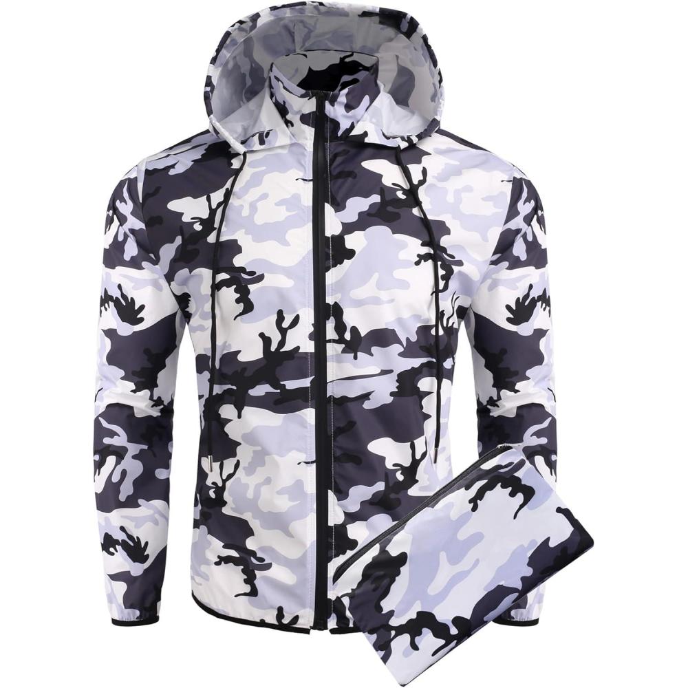 imageCOOFANDY Mens Light Rain Jacket with Hood Packable Waterproof Raincoat Golf Rain Gear Travel Hiking WindbreakerBlack Camo