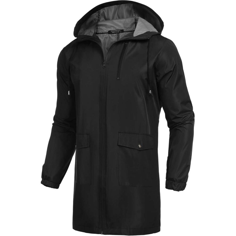 imageCOOFANDY Mens Long Raincoat Ligtweight Rain Jacket Waterproof Outdoor Jackets with HoodBlack