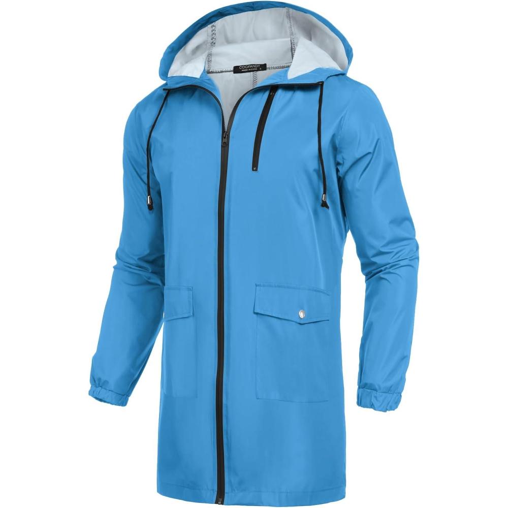 imageCOOFANDY Mens Long Raincoat Ligtweight Rain Jacket Waterproof Outdoor Jackets with HoodBlue
