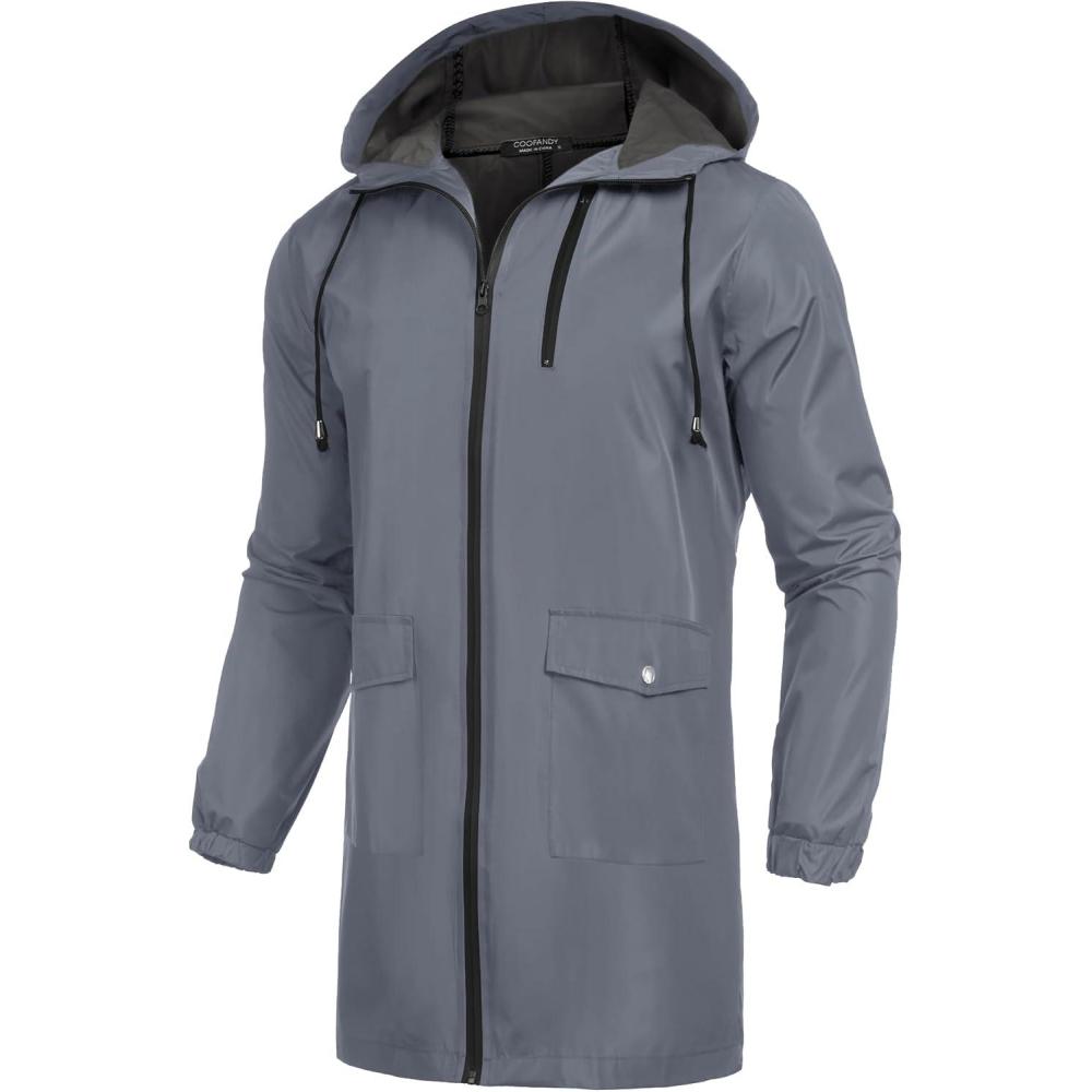 imageCOOFANDY Mens Long Raincoat Ligtweight Rain Jacket Waterproof Outdoor Jackets with HoodCharcoal Grey
