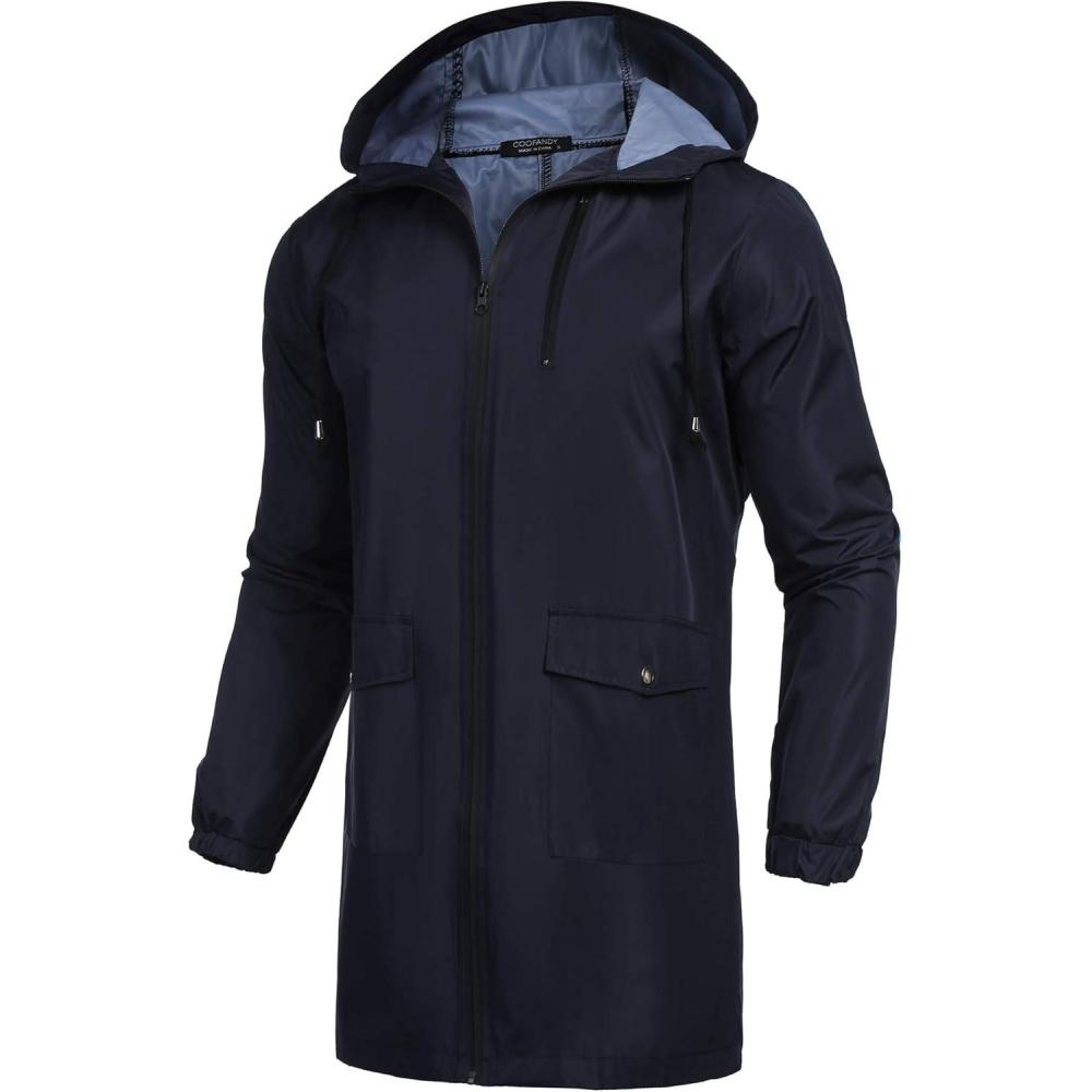 imageCOOFANDY Mens Long Raincoat Ligtweight Rain Jacket Waterproof Outdoor Jackets with HoodNavy Blue