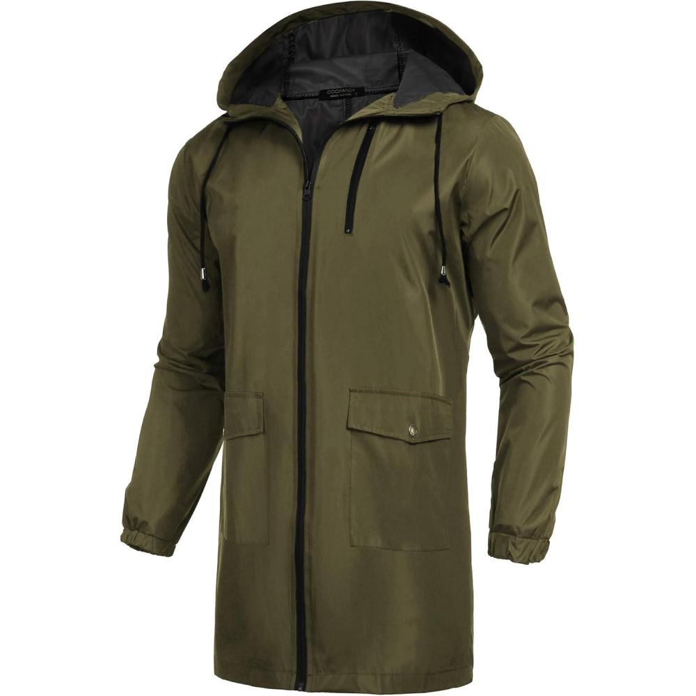 imageCOOFANDY Mens Long Raincoat Ligtweight Rain Jacket Waterproof Outdoor Jackets with HoodOlive Green