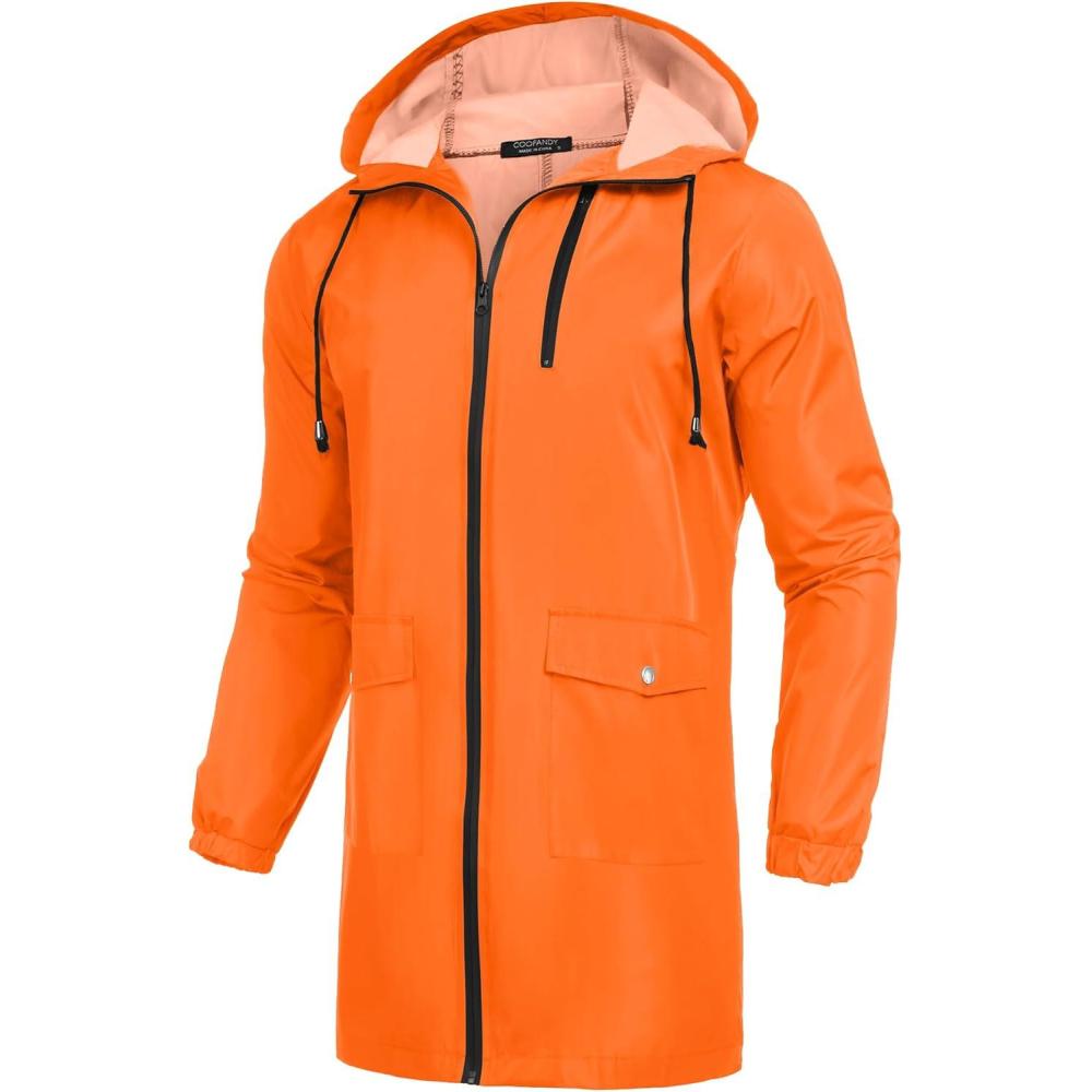 imageCOOFANDY Mens Long Raincoat Ligtweight Rain Jacket Waterproof Outdoor Jackets with HoodOrange