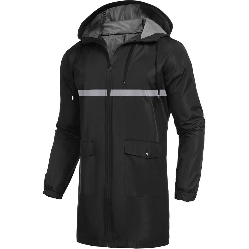 imageCOOFANDY Mens Long Raincoat Ligtweight Rain Jacket Waterproof Outdoor Jackets with HoodSilver StripBlack