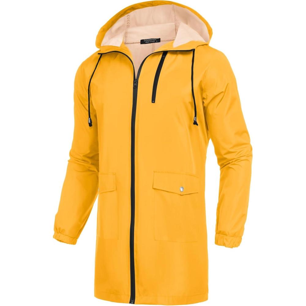 imageCOOFANDY Mens Long Raincoat Ligtweight Rain Jacket Waterproof Outdoor Jackets with HoodYellow