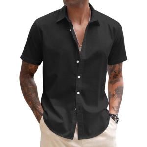 COOFANDY Mens Cotton Button Down Short Sleeve Shirt Casual Summer Linen Beach Shirts(Black)