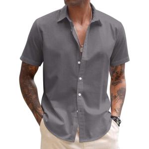 COOFANDY Mens Cotton Button Down Short Sleeve Shirt Casual Summer Linen Beach Shirts(Dark Grey)