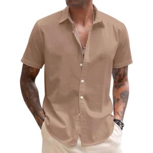 COOFANDY Mens Cotton Button Down Short Sleeve Shirt Casual Summer Linen Beach Shirts(Dark Khaki)