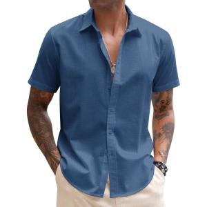 COOFANDY Mens Cotton Button Down Short Sleeve Shirt Casual Summer Linen Beach Shirts(Galaxy Blue)