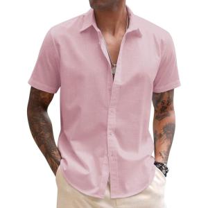 COOFANDY Mens Cotton Button Down Short Sleeve Shirt Casual Summer Linen Beach Shirts(Icy Pink)
