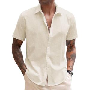 COOFANDY Mens Cotton Button Down Short Sleeve Shirt Casual Summer Linen Beach Shirts(Light Khaki)
