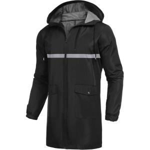 COOFANDY Men’s Long Raincoat Ligtweight Rain Jacket Waterproof Outdoor Jackets with Hood(Silver Strip/Black)