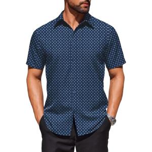 COOFANDY Mens Wrinkle Free Dress Shirt Polka Dot Short Sleeve Button Down Business Casual Shirts(Navy Blue-triangle Arrow)