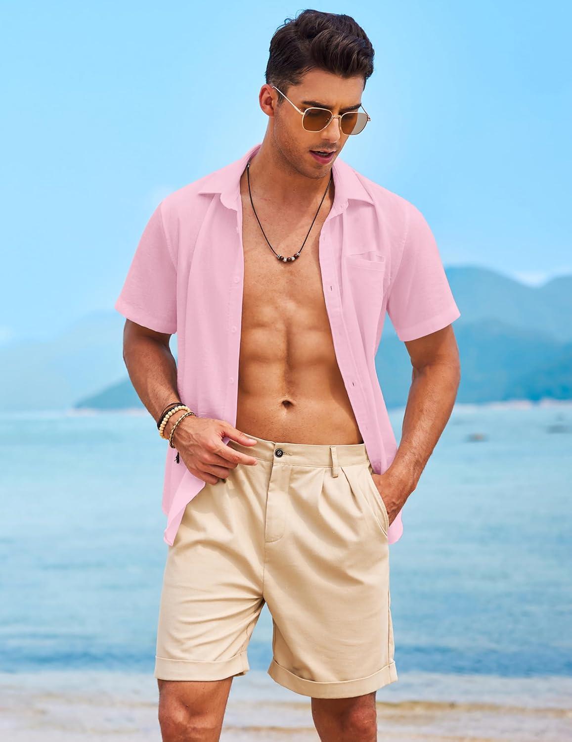 imageCOOFANDY Mens Casual Linen Shirt Short Sleeve Button Down Shirt Summer Beach Hawaiian ShirtsLight Pink
