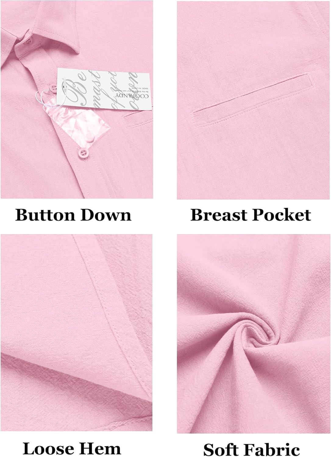 imageCOOFANDY Mens Casual Linen Shirt Short Sleeve Button Down Shirt Summer Beach Hawaiian ShirtsLight Pink