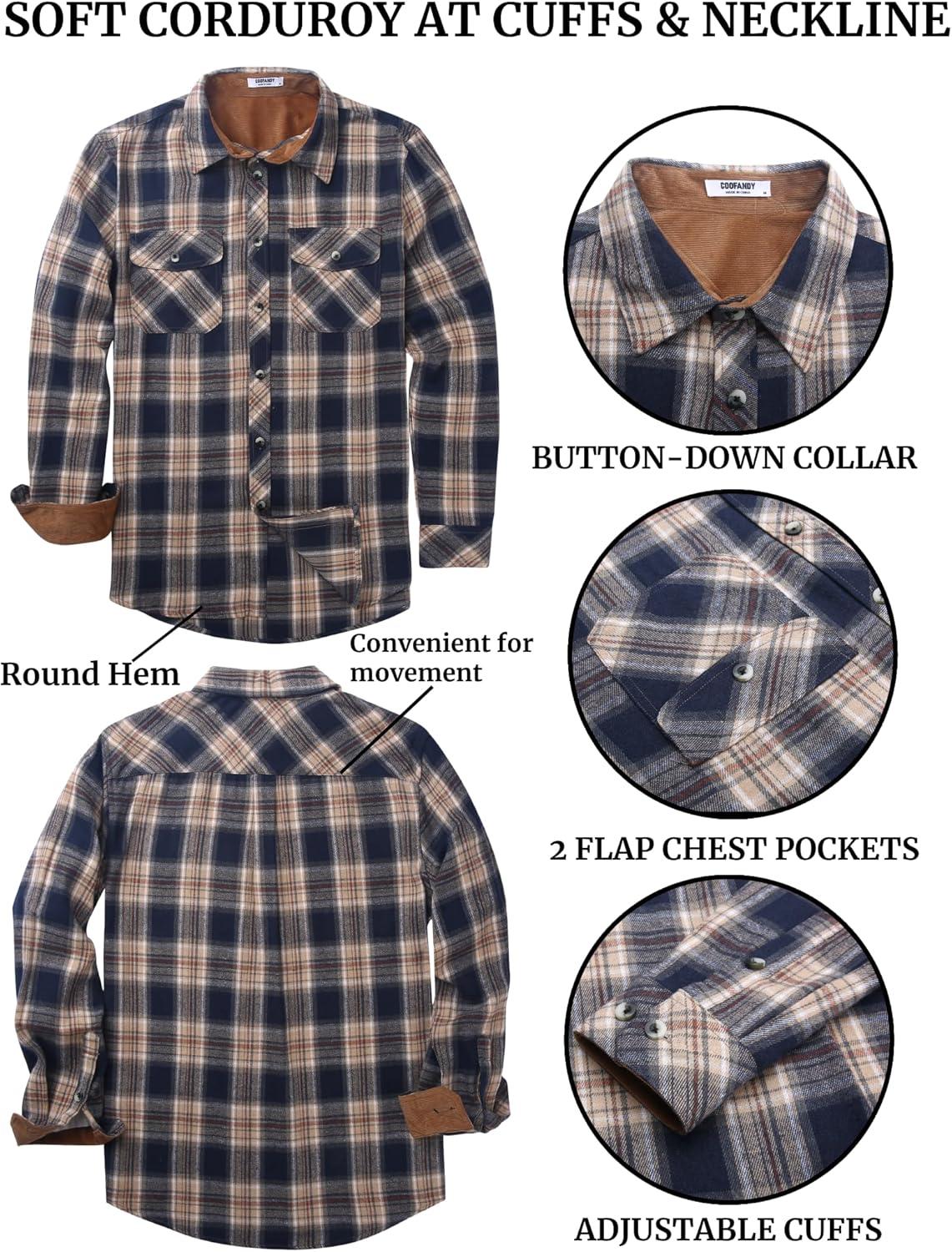 imageCOOFANDY Mens Fall Plaid Button Down Shirt Long Sleeve Casual Cowboy Work Shirts Lightweight Flannel Shirts Two PocketNavy Khaki Plaid