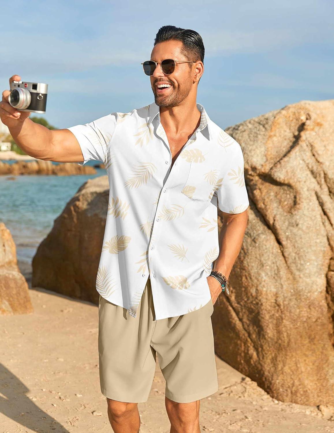 imageCOOFANDY Mens Hawaiian 2 Piece Outfits Summer Beach Matching Set Short Sleeve Floral Shirts and ShortsPalm Leaf White