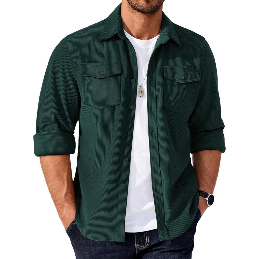imageCOOFANDY Mens Corduroy Button Down Shirts Jackets Casual Long Sleeve Shacket Lightweight Overshirts with Flap PocketsEvergreen
