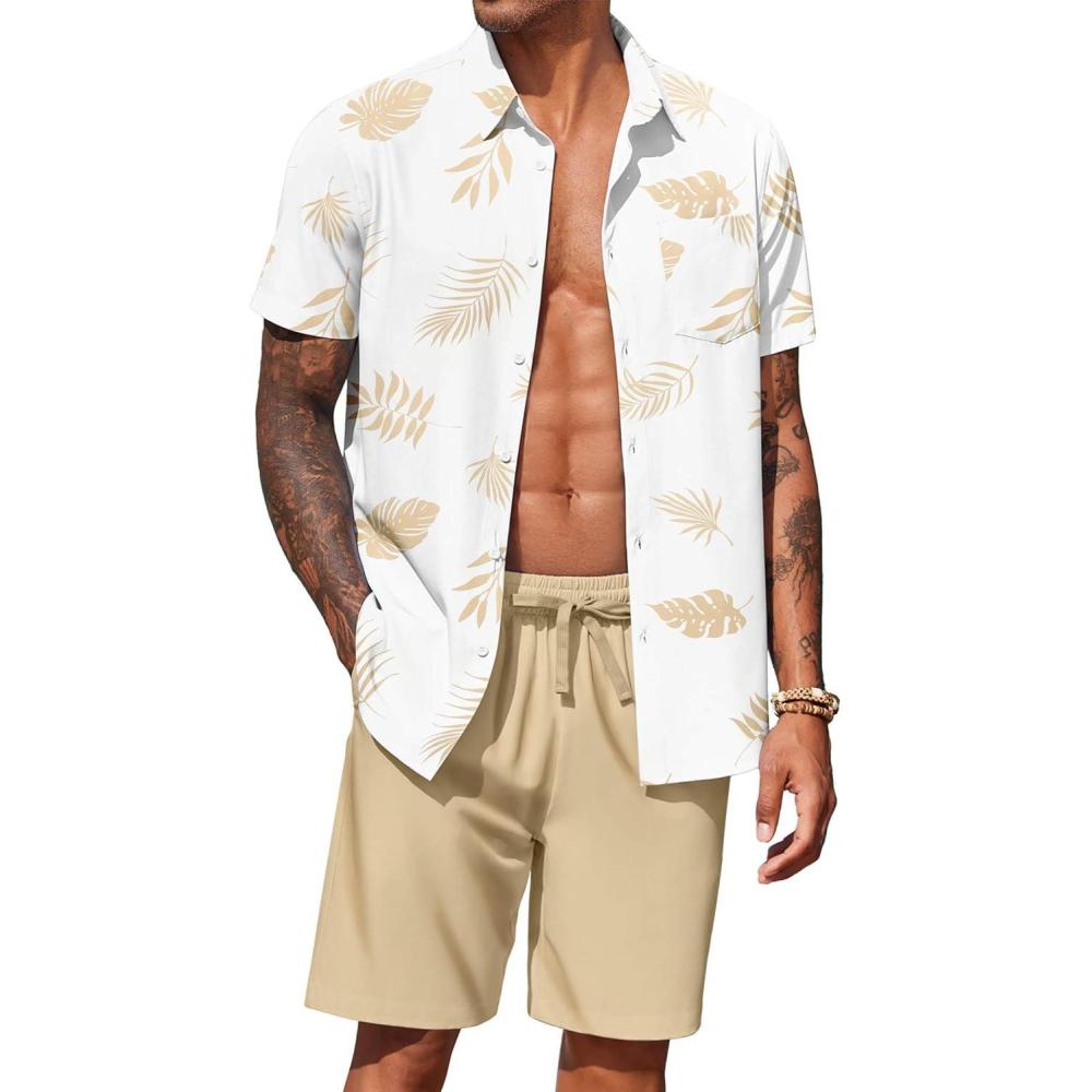 imageCOOFANDY Mens Hawaiian 2 Piece Outfits Summer Beach Matching Set Short Sleeve Floral Shirts and ShortsPalm Leaf White