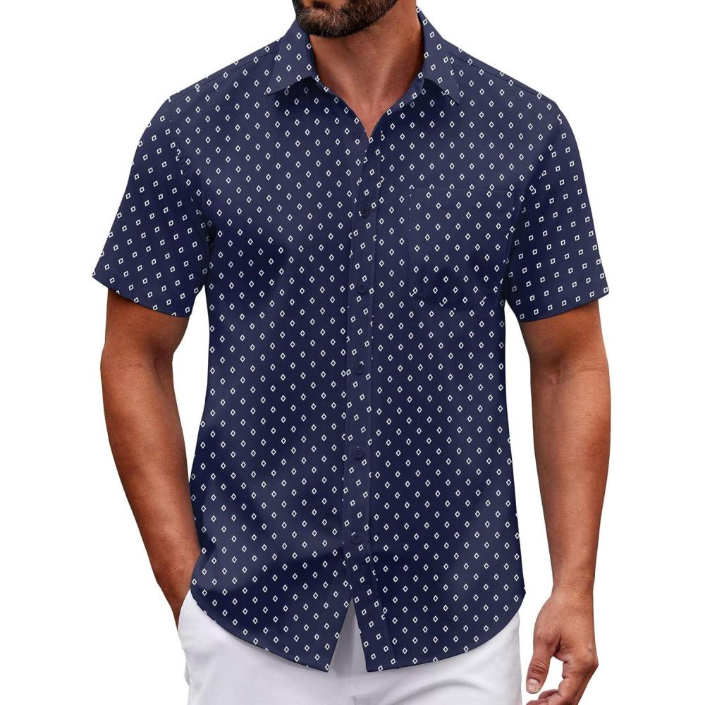 imageCOOFANDY Mens Wrinkle Free Dress Shirt Short Sleeve Button Down Print Shirt Summer Business Casual Shirts with PocketNavy Blue Square
