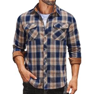 COOFANDY Men’s Fall Plaid Button Down Shirt Long Sleeve Casual Cowboy Work Shirts Lightweight Flannel Shirts Two Pocket(Navy Khaki Plaid)