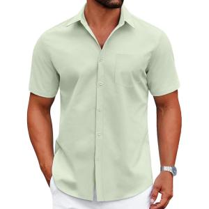 COOFANDY Mens Wrinkle Free Dress Shirt Short Sleeve Button Down Print Shirt Summer Business Casual Shirts with Pocket(Light Green)