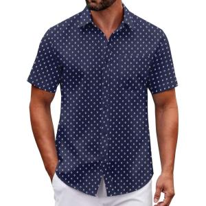 COOFANDY Mens Wrinkle Free Dress Shirt Short Sleeve Button Down Print Shirt Summer Business Casual Shirts with Pocket(Navy Blue Square)
