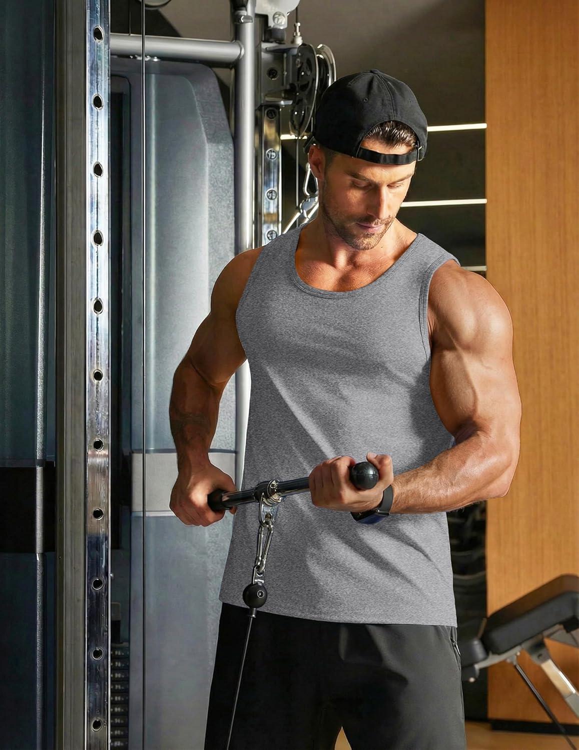 imageCOOFANDY Mens Cotton Tank Tops Workout Summer Sleeveless Muscle Gym Shirts Athletic Beach Tee Shirt PackLight Grey