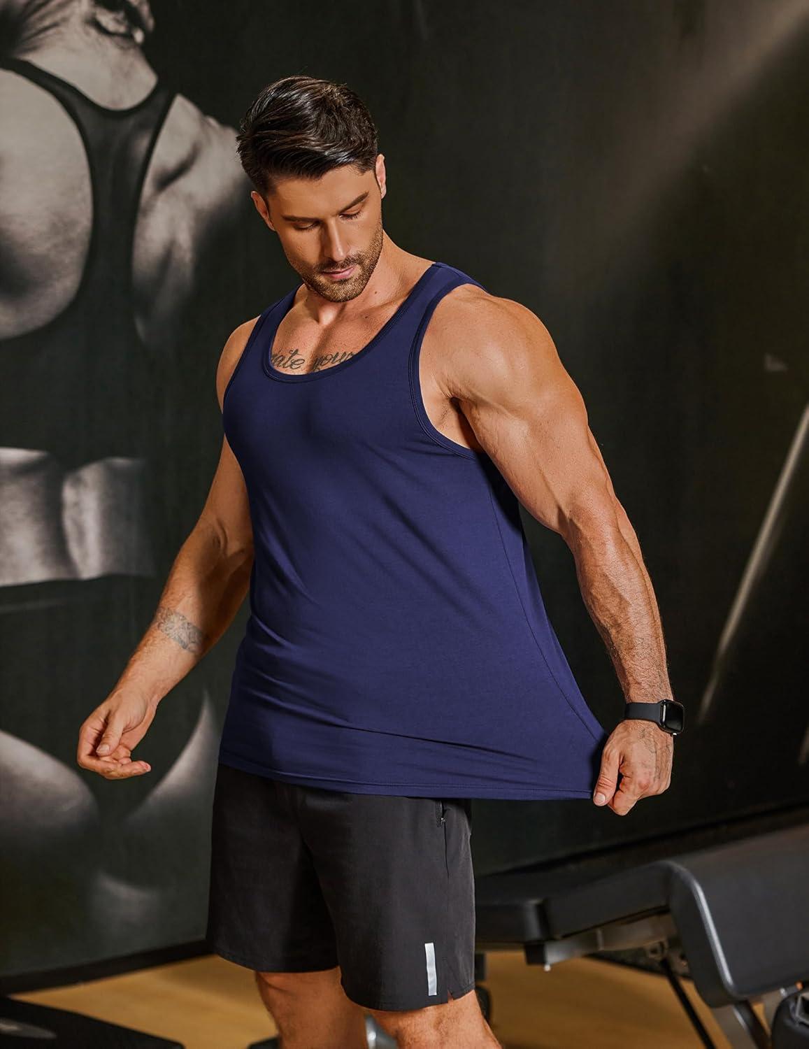 imageCOOFANDY Mens Cotton Tank Tops Workout Summer Sleeveless Muscle Gym Shirts Athletic Beach Tee Shirt PackNavy Blue