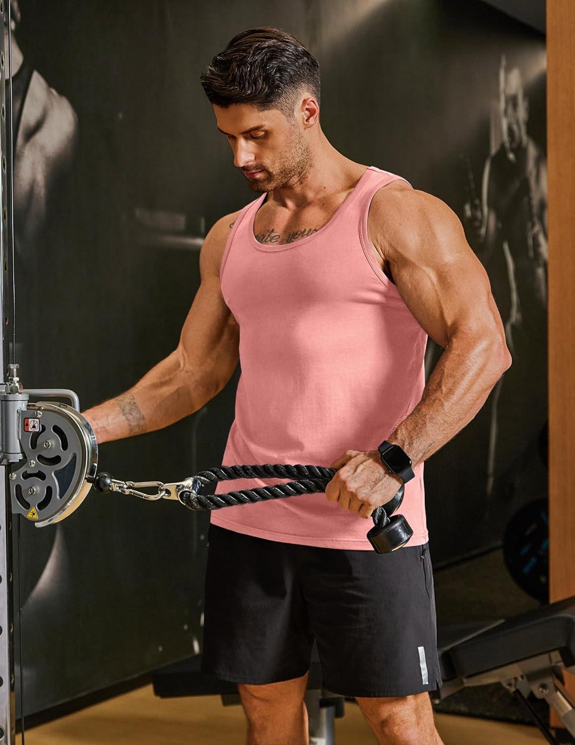 imageCOOFANDY Mens Cotton Tank Tops Workout Summer Sleeveless Muscle Gym Shirts Athletic Beach Tee Shirt PackPink