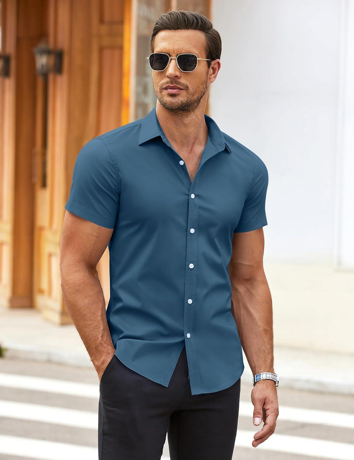imageCOOFANDY Mens Muscle Fit Dress Shirts WrinkleFree Short Sleeve Casual Button Down ShirtBluegreen