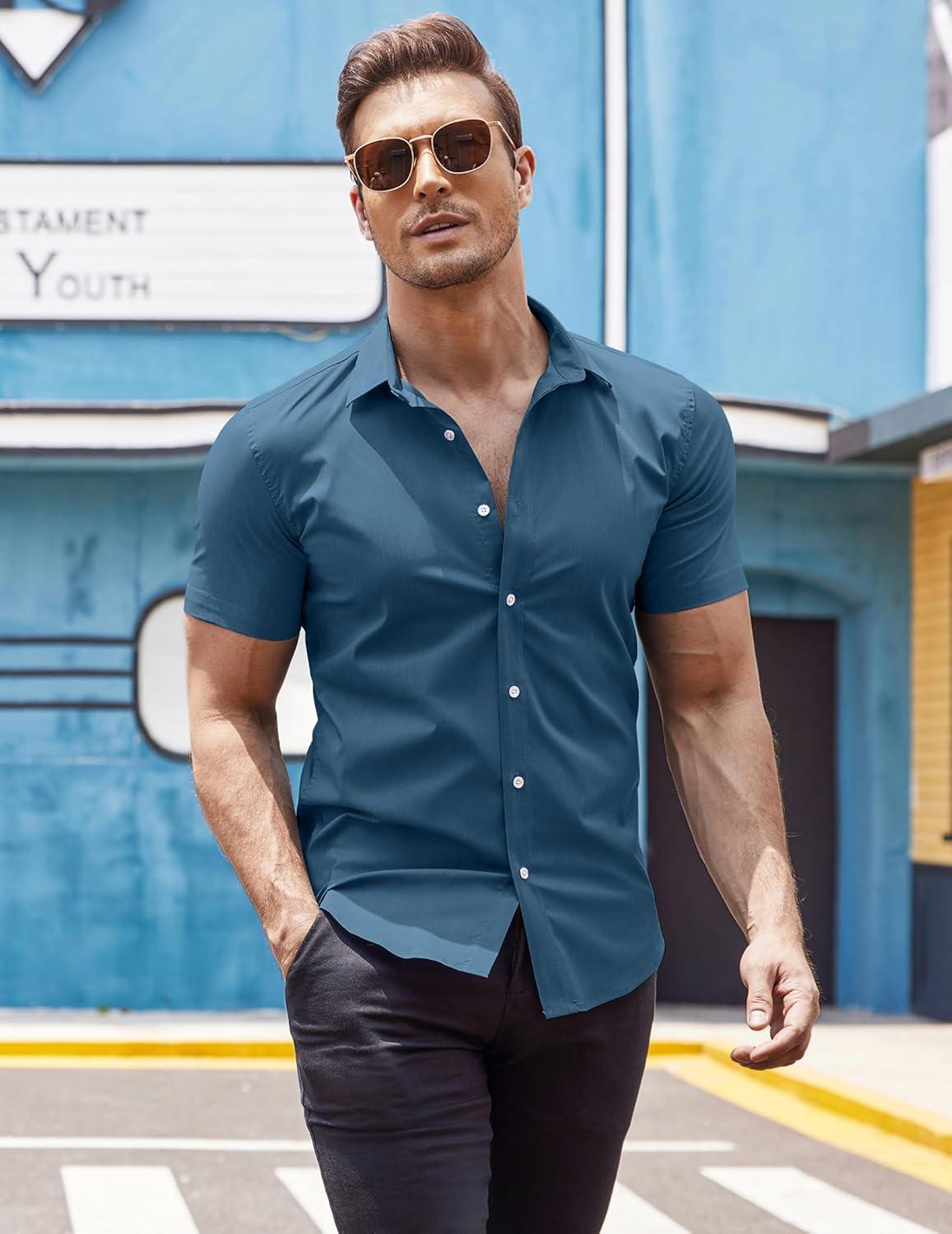 imageCOOFANDY Mens Muscle Fit Dress Shirts WrinkleFree Short Sleeve Casual Button Down ShirtBluegreen
