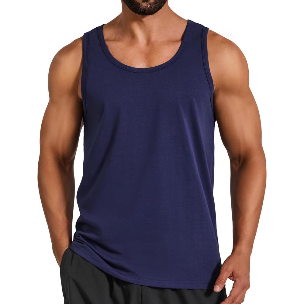 imageCOOFANDY Mens Cotton Tank Tops Workout Summer Sleeveless Muscle Gym Shirts Athletic Beach Tee Shirt PackNavy Blue