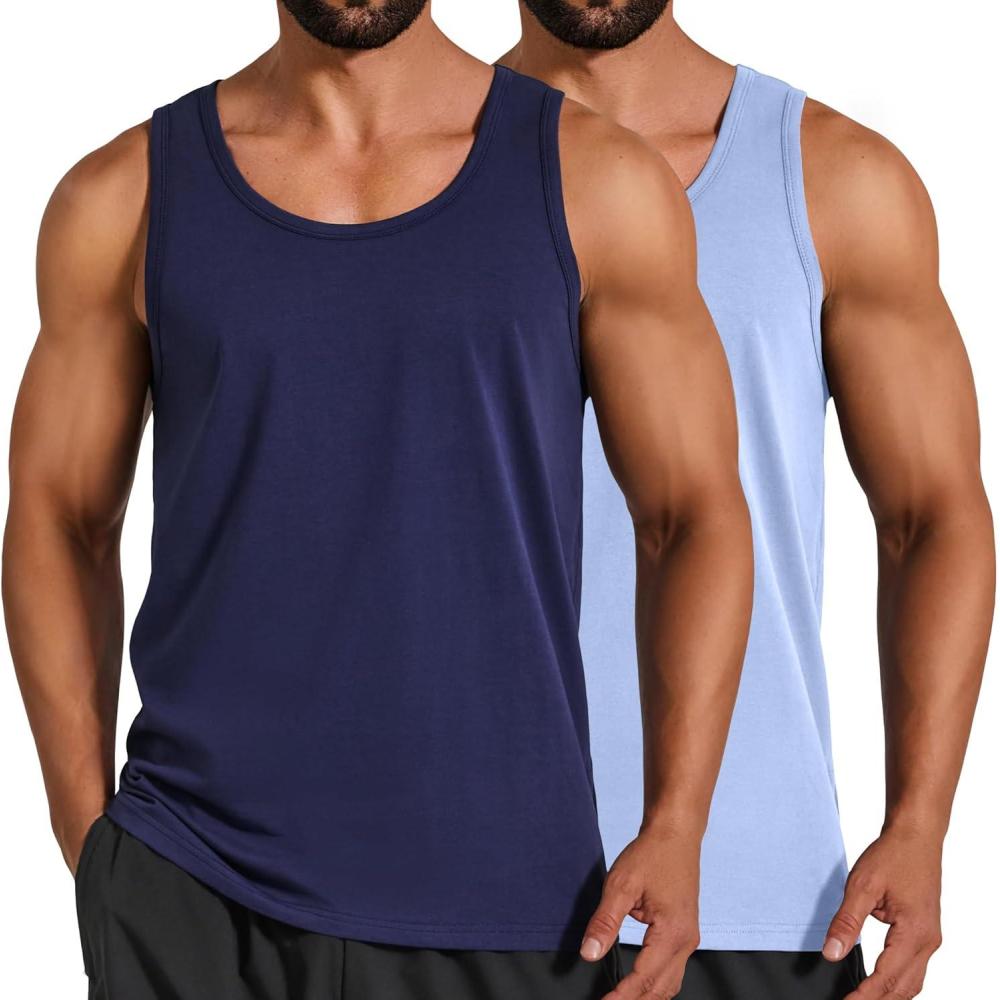 imageCOOFANDY Mens Cotton Tank Tops Workout Summer Sleeveless Muscle Gym Shirts Athletic Beach Tee Shirt PackNavy Bluelgiht Blue