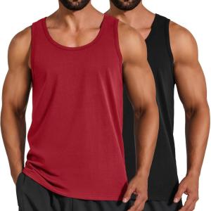 COOFANDY Mens Cotton Tank Tops Workout Summer Sleeveless Muscle Gym Shirts Athletic Beach Tee Shirt Pack(Black+red)