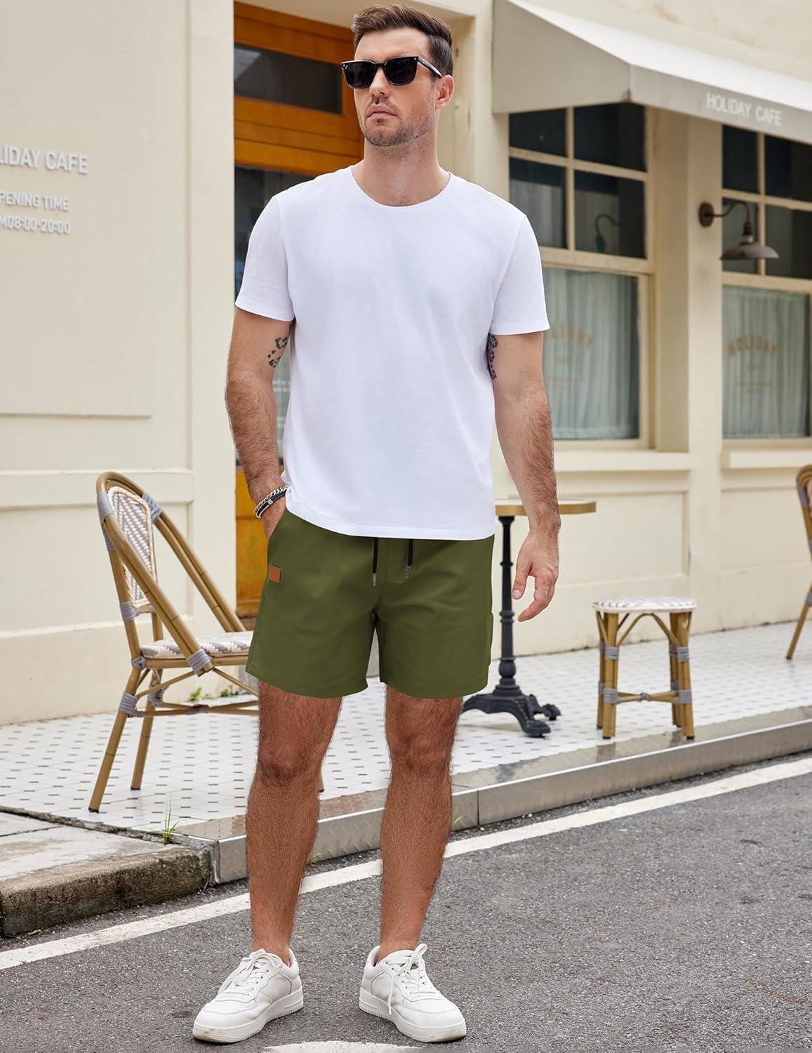 imageCOOFANDY Mens Casual Cotton Shorts Summer Beach 5 Inch Shorts Lightweight Drawstring Elastic Waist Chino Golf ShortsArmy Green