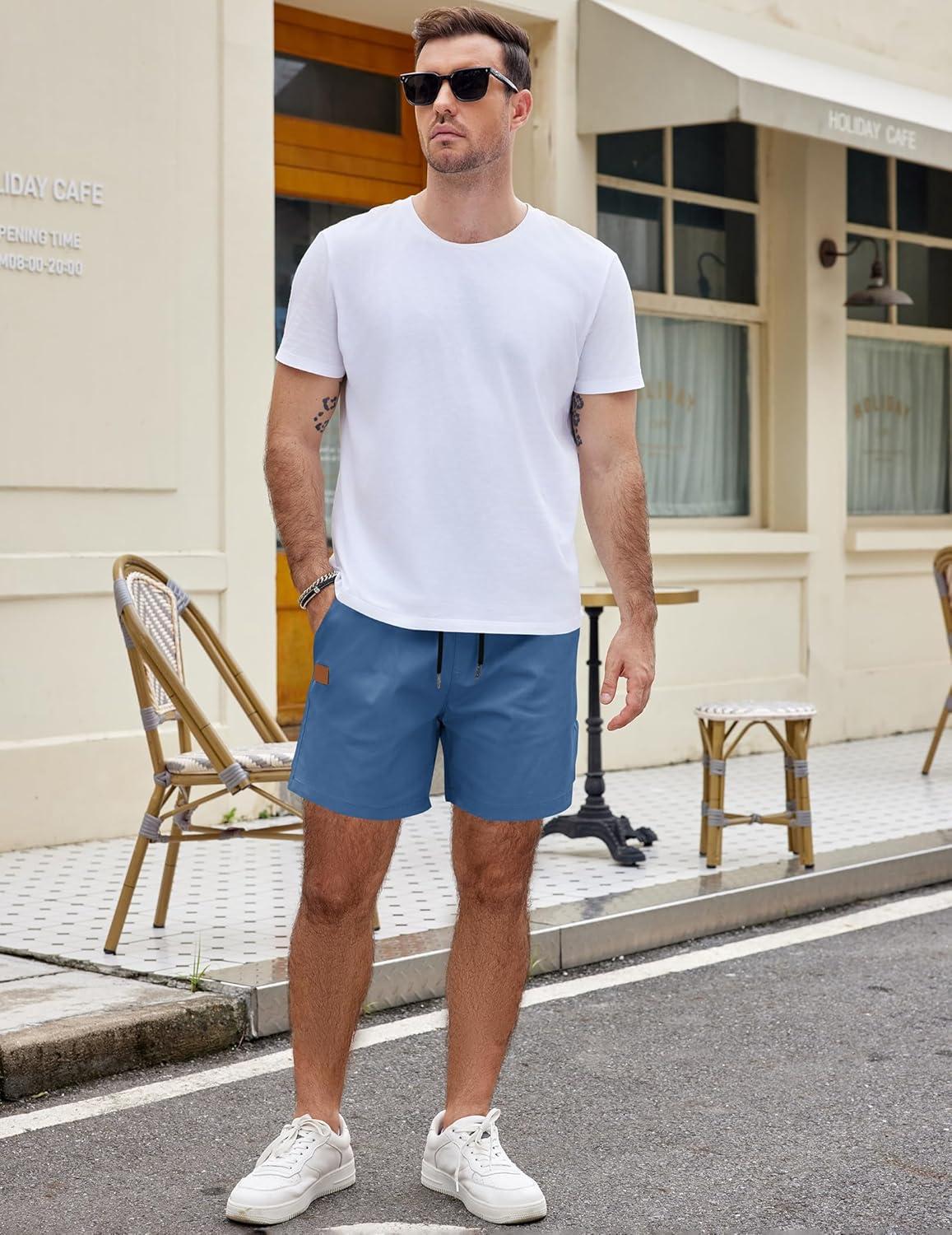 imageCOOFANDY Mens Casual Cotton Shorts Summer Beach 5 Inch Shorts Lightweight Drawstring Elastic Waist Chino Golf ShortsBlue