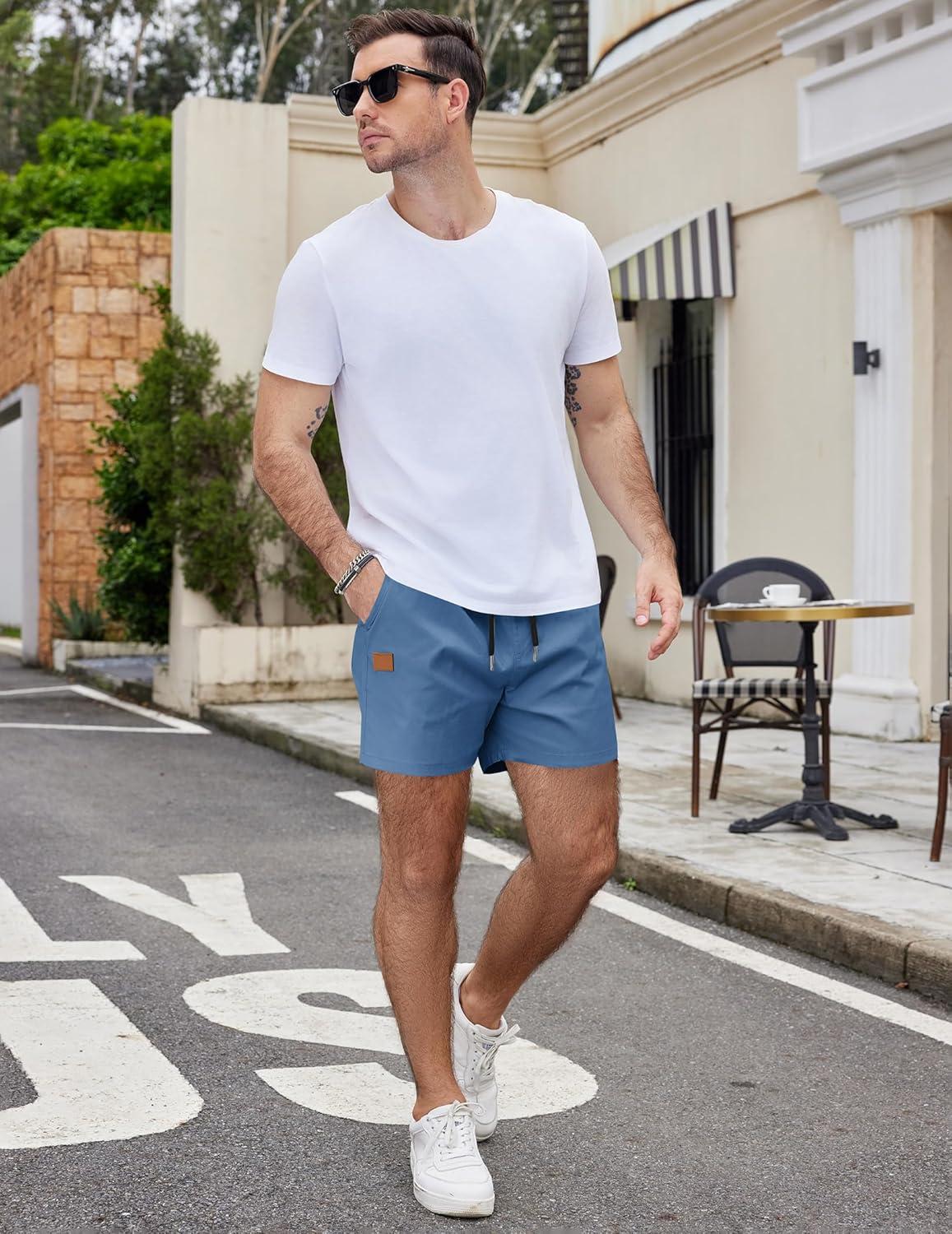 imageCOOFANDY Mens Casual Cotton Shorts Summer Beach 5 Inch Shorts Lightweight Drawstring Elastic Waist Chino Golf ShortsBlue
