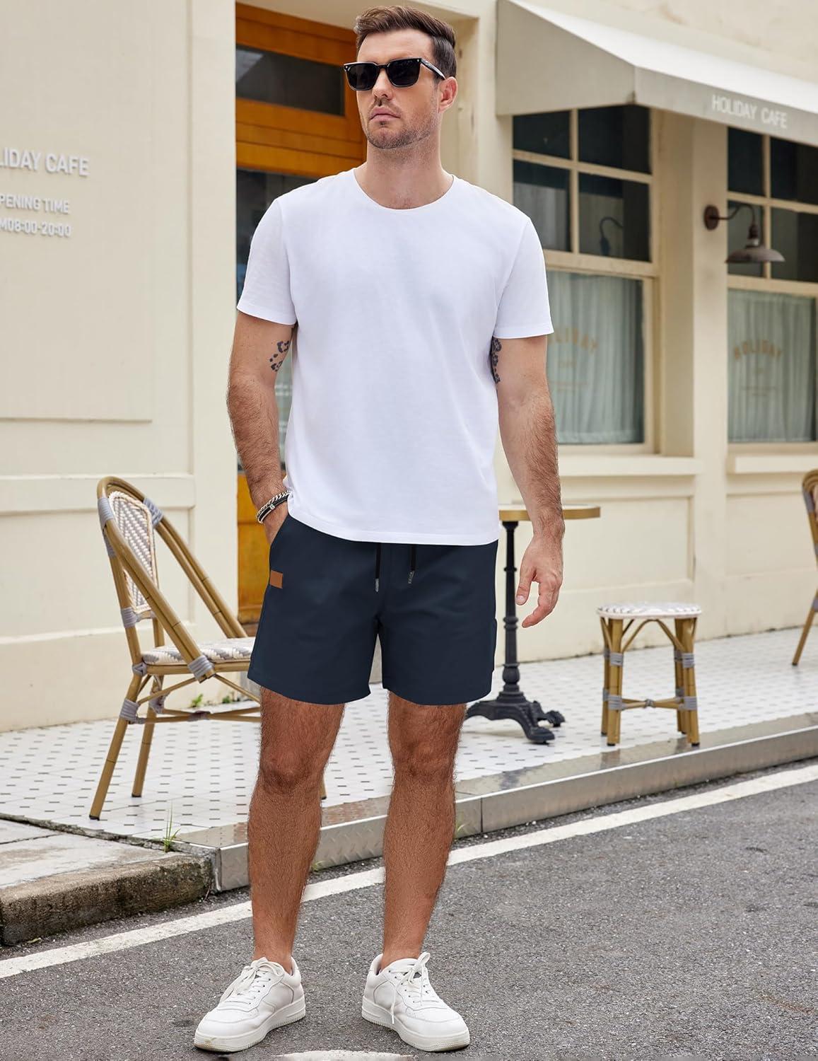 imageCOOFANDY Mens Casual Cotton Shorts Summer Beach 5 Inch Shorts Lightweight Drawstring Elastic Waist Chino Golf ShortsDark Blue