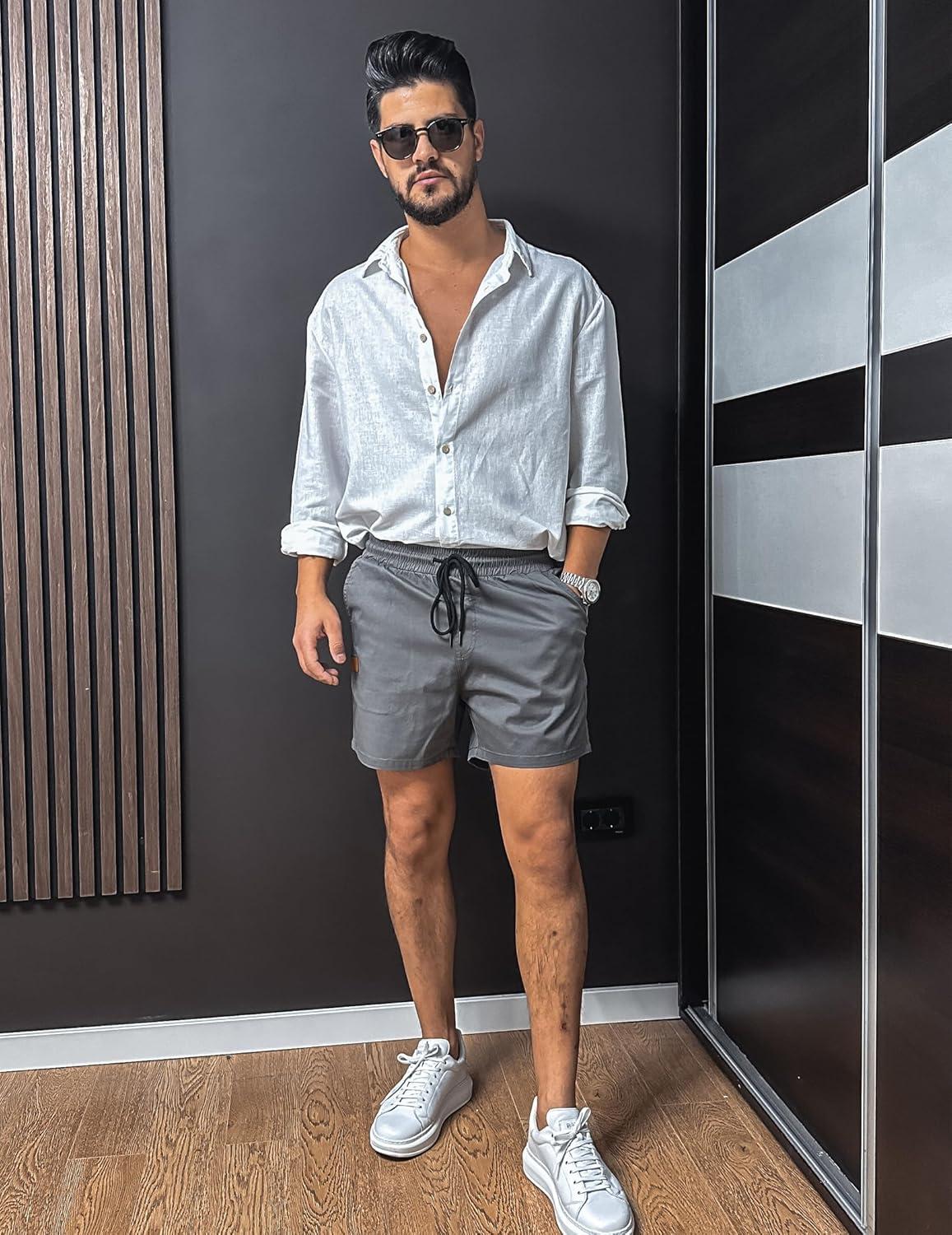 imageCOOFANDY Mens Casual Cotton Shorts Summer Beach 5 Inch Shorts Lightweight Drawstring Elastic Waist Chino Golf ShortsDeep Grey
