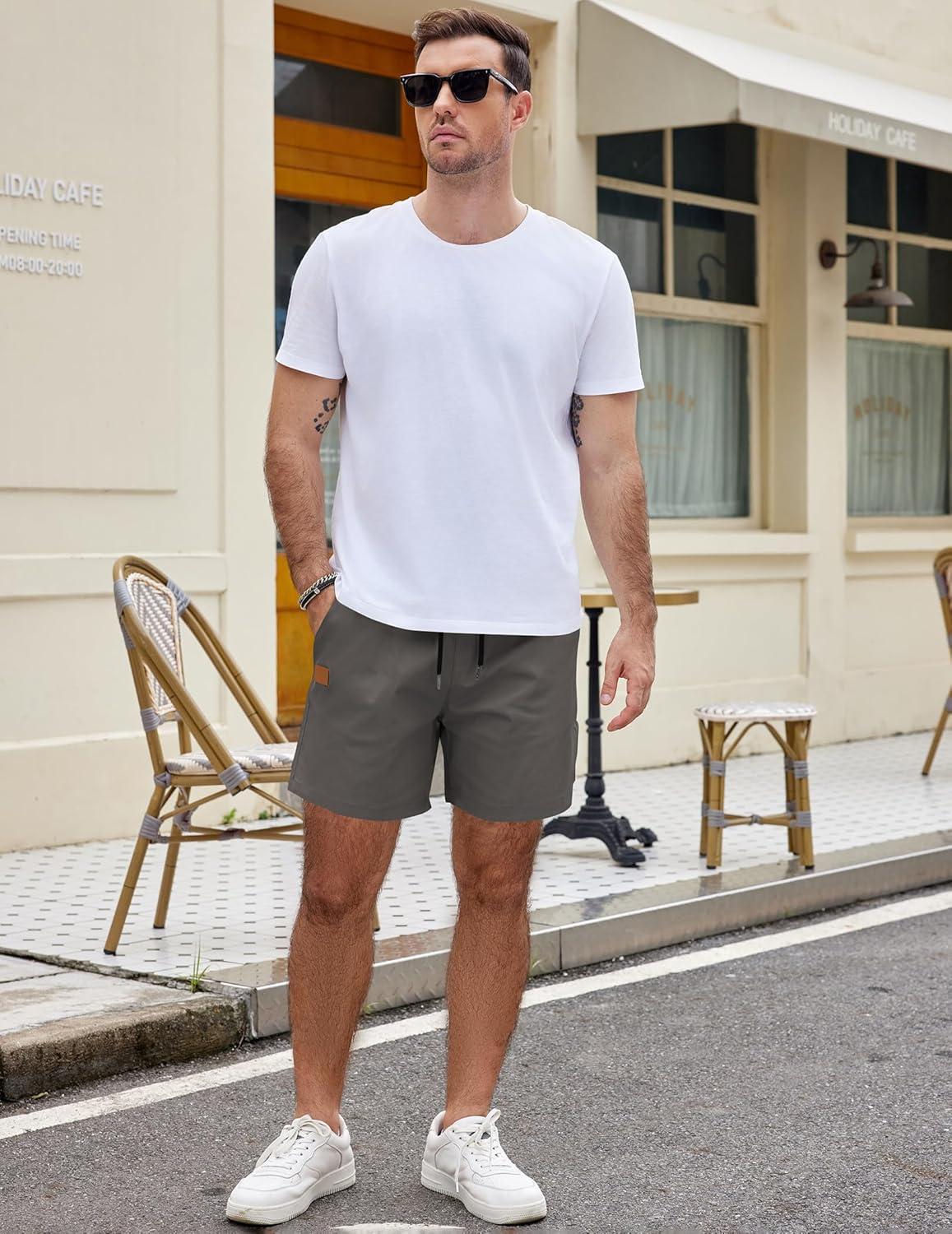 imageCOOFANDY Mens Casual Cotton Shorts Summer Beach 5 Inch Shorts Lightweight Drawstring Elastic Waist Chino Golf ShortsDeep Grey