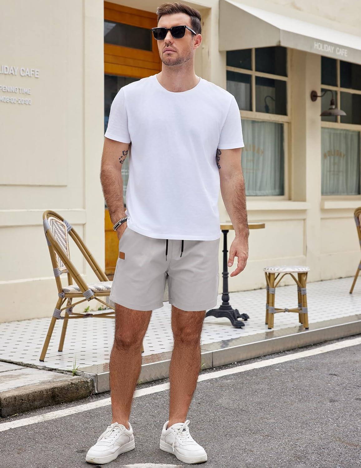 imageCOOFANDY Mens Casual Cotton Shorts Summer Beach 5 Inch Shorts Lightweight Drawstring Elastic Waist Chino Golf ShortsLight Grey