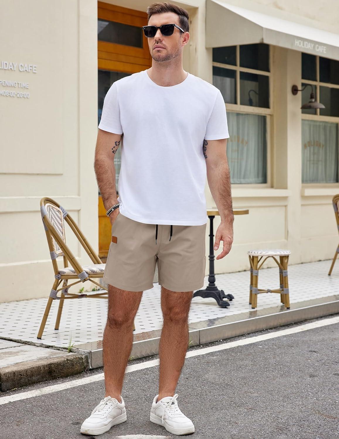 imageCOOFANDY Mens Casual Cotton Shorts Summer Beach 5 Inch Shorts Lightweight Drawstring Elastic Waist Chino Golf ShortsLight Khaki