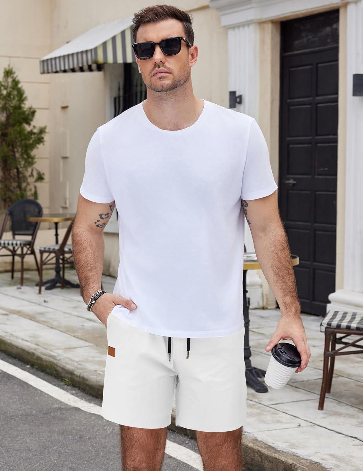 imageCOOFANDY Mens Casual Cotton Shorts Summer Beach 5 Inch Shorts Lightweight Drawstring Elastic Waist Chino Golf ShortsWhite